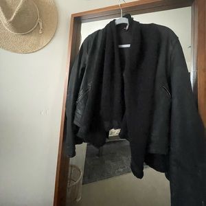 Free People Black cropped jean jacket with sweater pieces in front